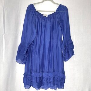 Sofia Italy 100% Silk Tiered Flowy Peasant Dress Cornflower Blue OS Cottagecore